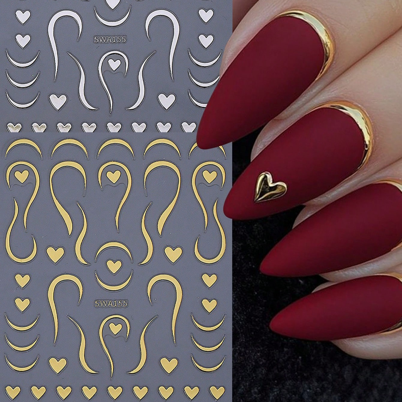 2pcs Bronzing Silvery Heart Nail Stickers 3d Swirl Strips French Styles Nail Art Decals Self-adhesive Manicure Sliders Diy Decoration Valentine's Days Nail Supplies For Women
