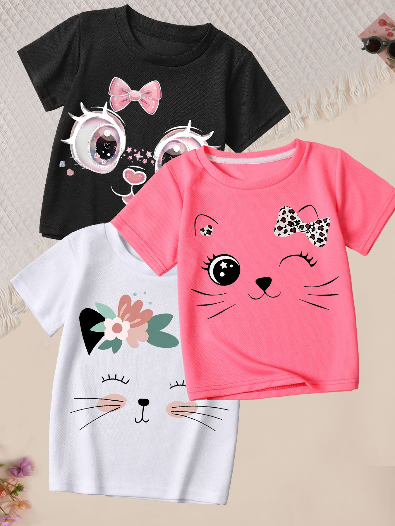 3pcs set of cute cartoon cat face print t shirts for girls casual kawaii round neck short sleeve tops wear holiday outfits birthday gift