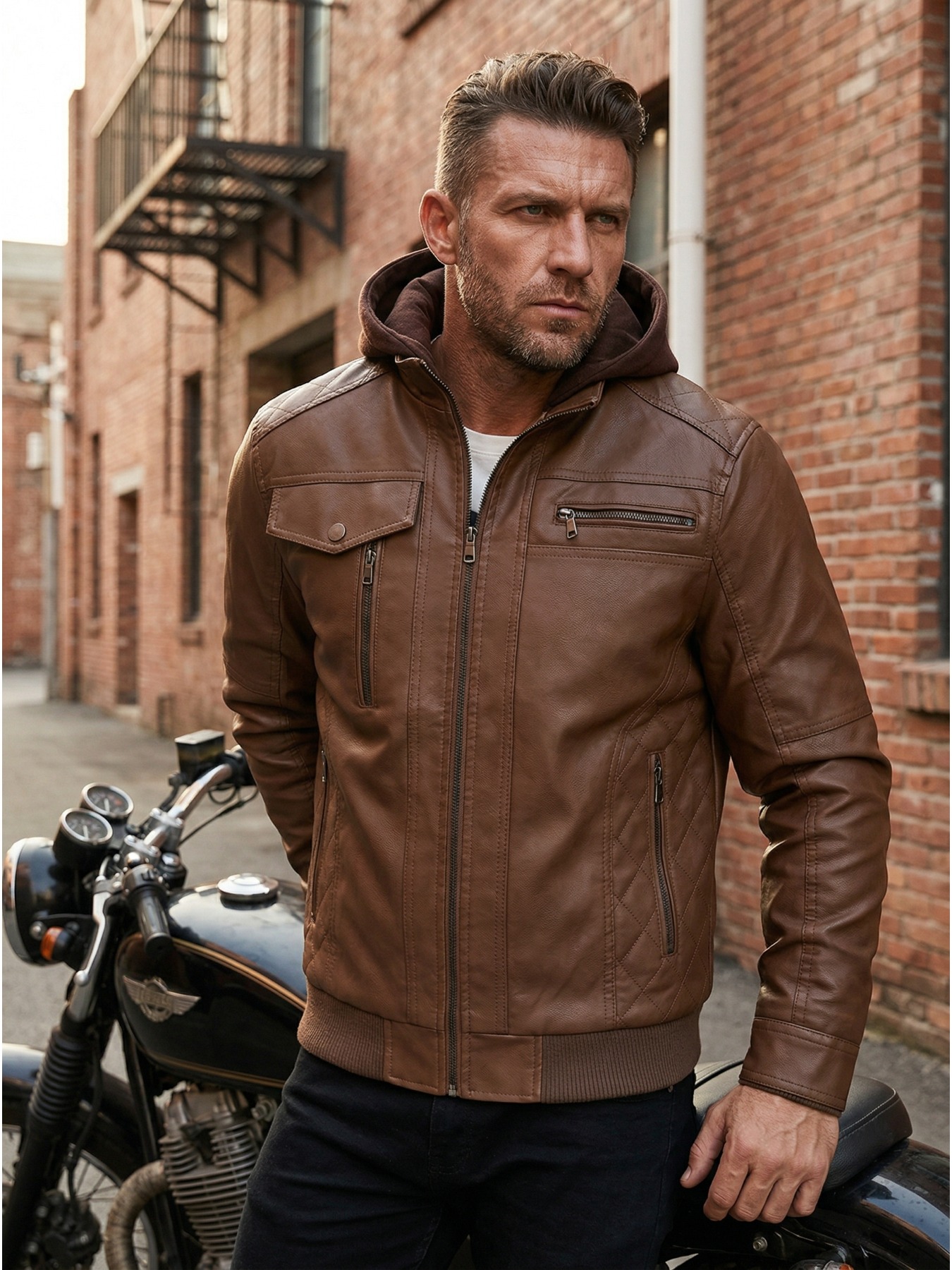 leather brown jacket sold on Temu United States