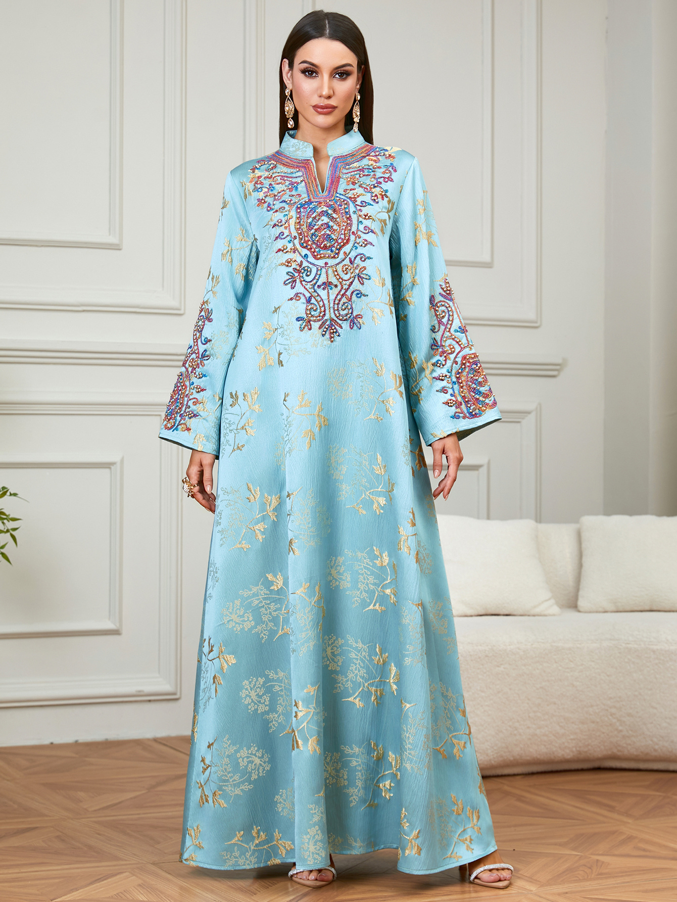 womens elegant heavy embroidered beaded jalabiya dress v - Temu Oman