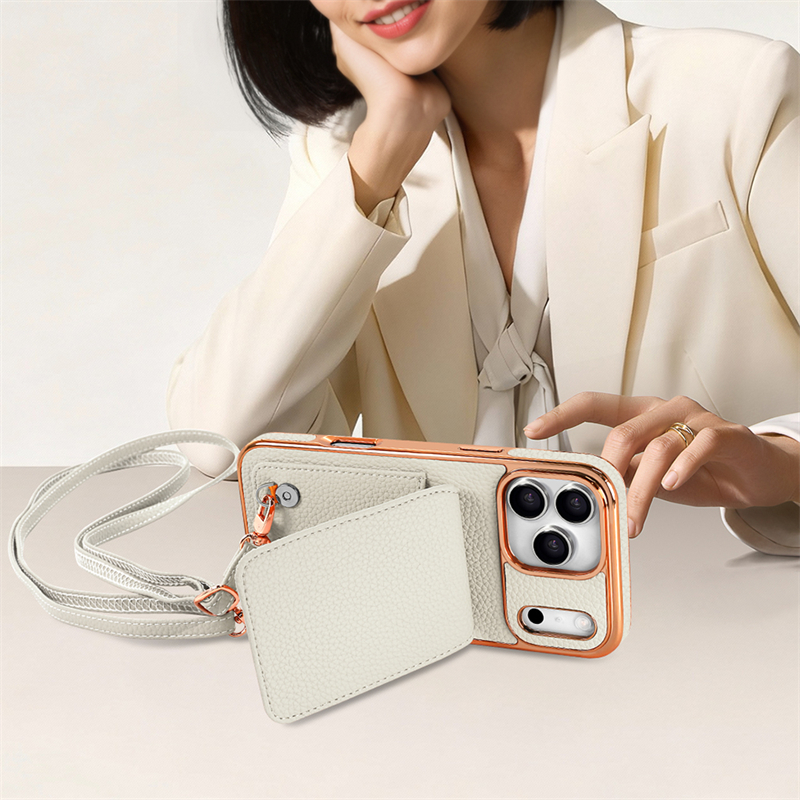 Phone Case: Business PU Lychee Texture Flip Cover Card Holder with Multiple Card Slots, Stand Function, Crossbody Strap, and Full-Body Protective Case with Plated Frame for Apple iPhone 17 Pro Max/17 Pro/17 Air/17