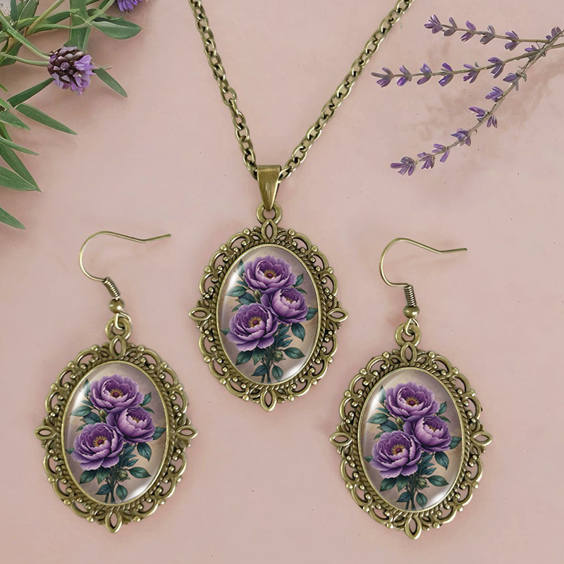 TEMU 3pcs Purple Necklace Earring Set Glass Dome Jewelry