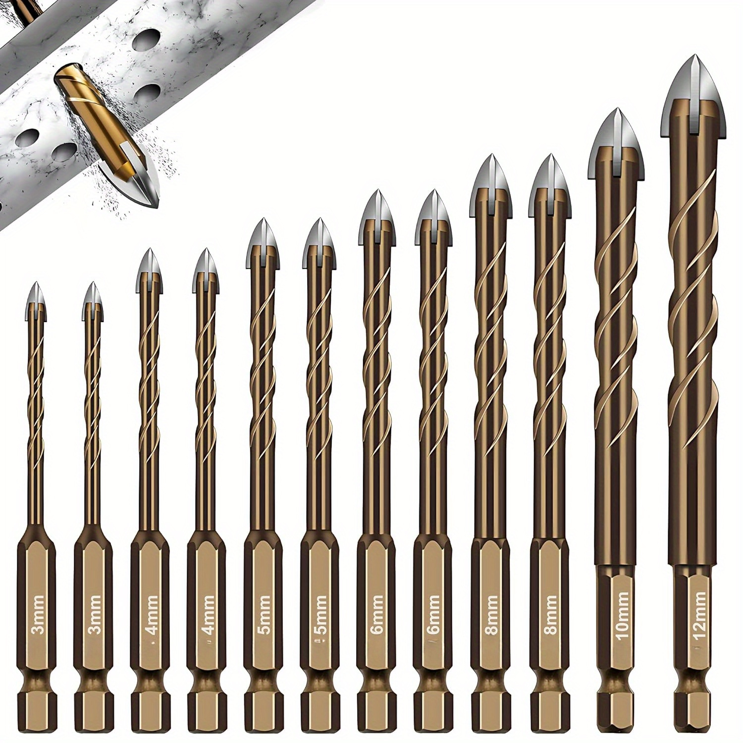 [diamond Tile Drill Bits] 12 Diamond Tile Drill Bits- Hexagonal Drills For Glass, Metal, Briquep, Plastic, Wood- Diameter 3-12 Mm