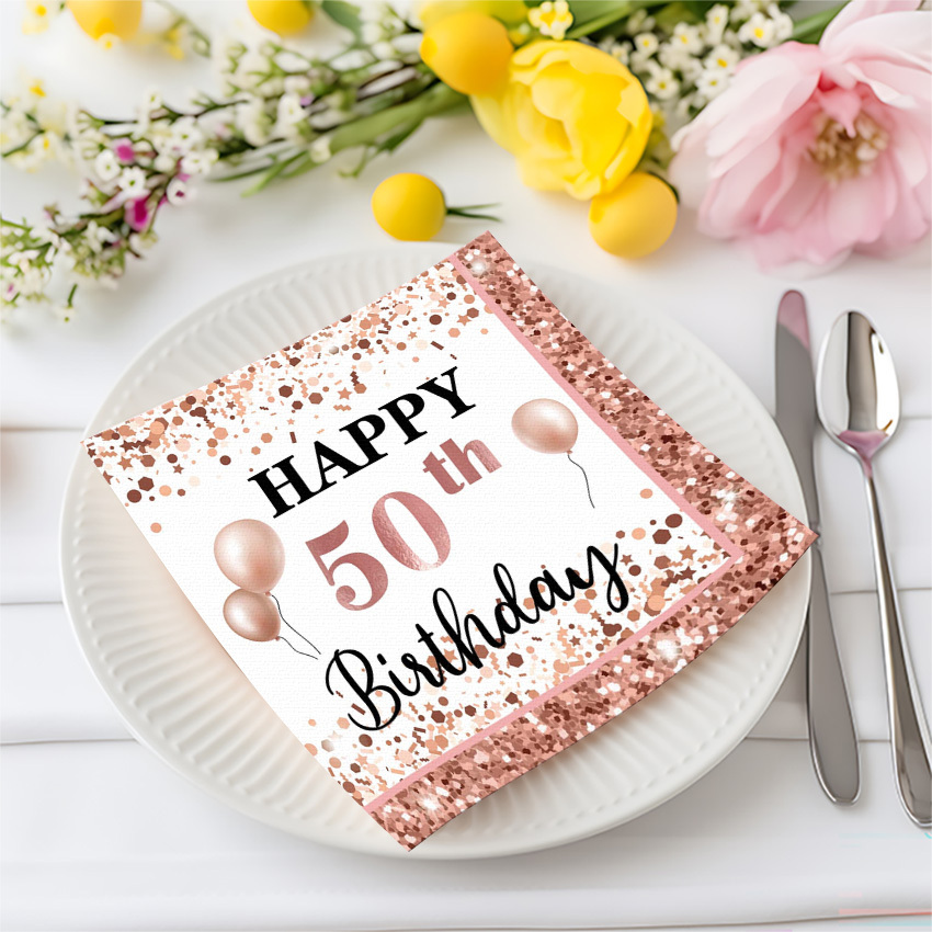 Image of 24-pcs 50th Birthday Rose Theme Napkins, Suitable For Birthday Party Decorations, Party Supplies, Disposable High-quality Party Napkins For Halloween、christmas