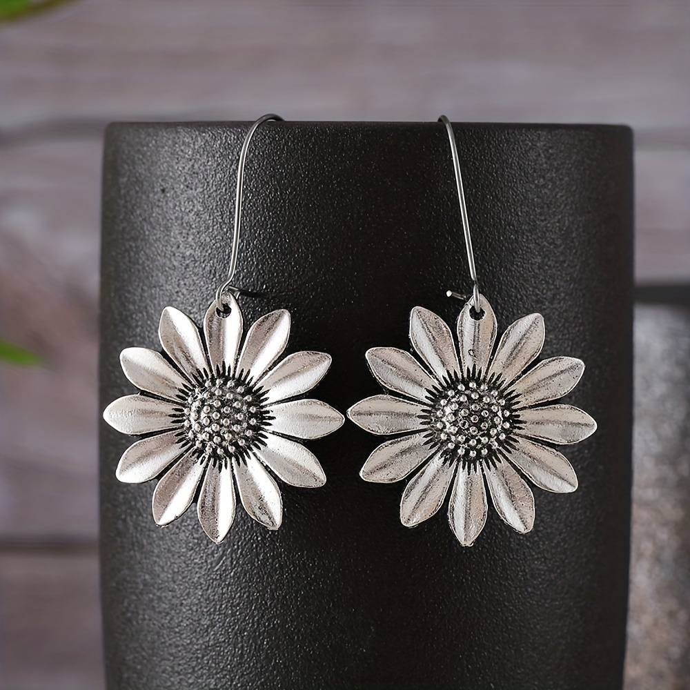 TEMU 1 Pair Of Retro Bohemian Sunflower Pendant Earrings Embellished With Small Synthetic Gemstones And Personalized Earrings