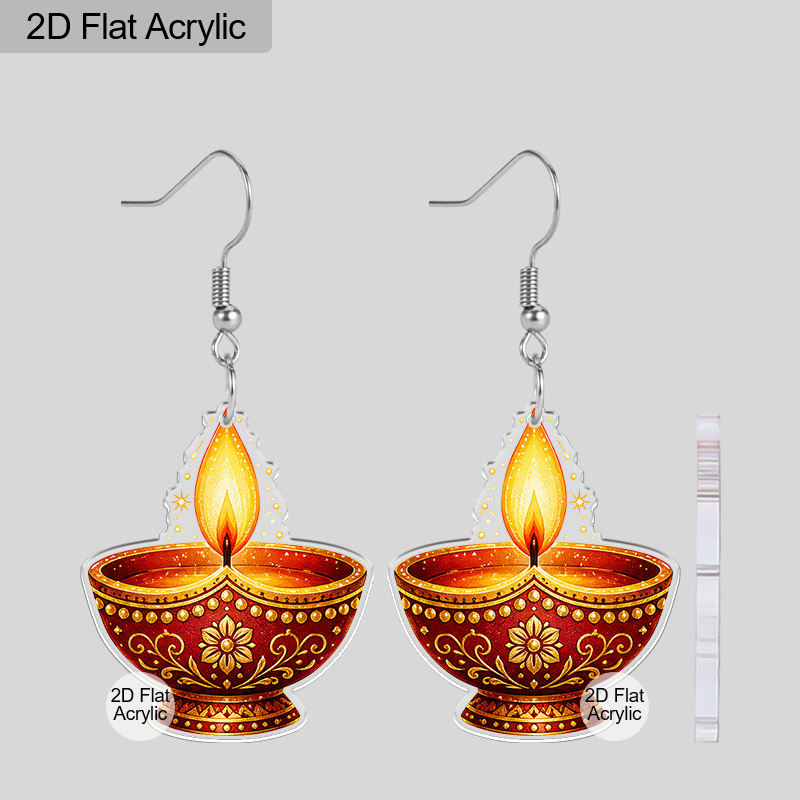TEMU 2D Plat, Diwali Sierlijke Bloemrijke Diya Lamp Acryl Oorbellen, Diwali Traditionele Etnische Lichtgewicht Oorbellen voor Dagelijks Gebruik en