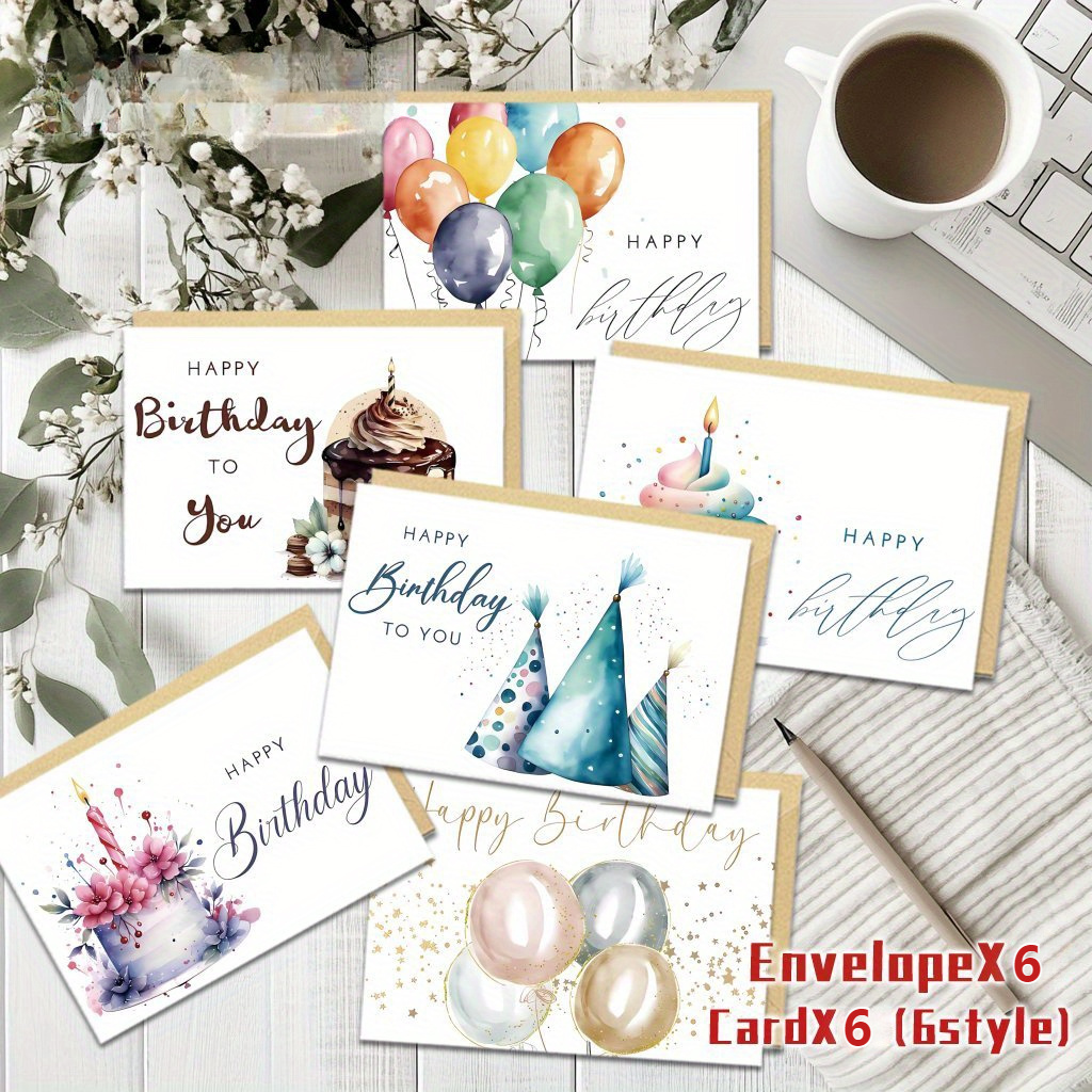 Image of 12/24pcs Including Greeting Card Envelopes, Elegant Floral Birthday Cards - Vibrant Cake And , Perfect For Family, , Colleagues | All-occasion Cards With "happy Birthday" Message