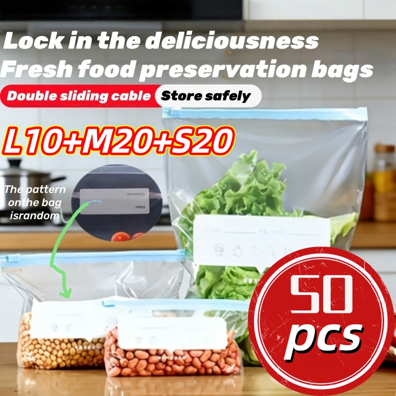 TEMU 50pcs Reusable Refrigerator Storage Bag Set, Essential Kitchen Sealing Bags, 3 Sizes Of Zipper Bags, Food Sorting And Storage Bags, Food