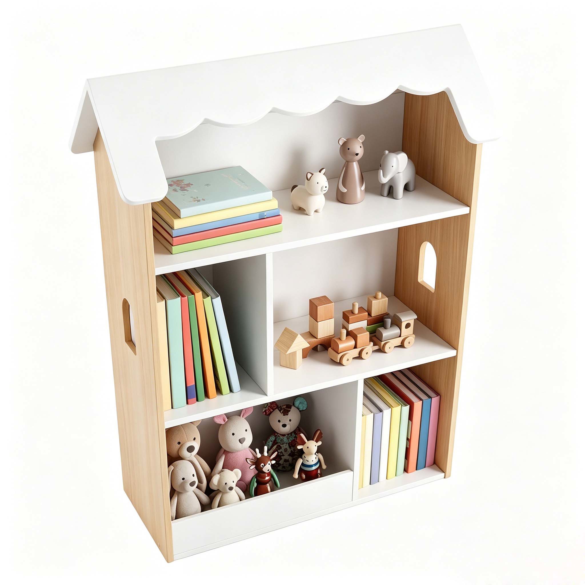 Image of House-shaped Kids Bookshelf, Wooden Storage Organizer, Children Bookcase Display Rack For Playroom, Kids Room, White And Natural