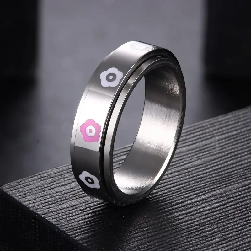1pc stainless steel spinner rings for anxiety fidget band rings for women men flower happy face ring stress relieving reduce anxiet Product details 3