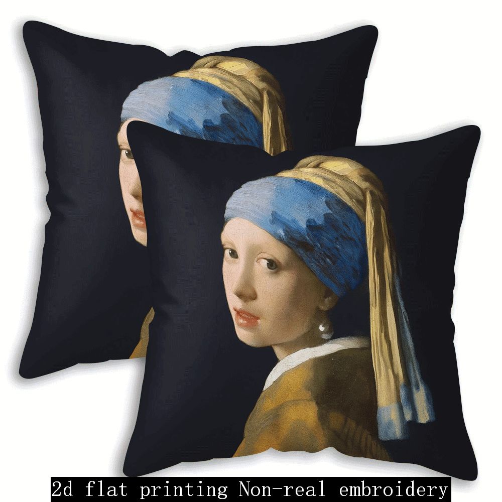 TEMU 2pcs 's Girl With Earring Replica Pillowcases - 18x18 Inch Dutch Bedding, Zippered Sofa/bed Covers, Machine-washable Polyester (no Insert) -