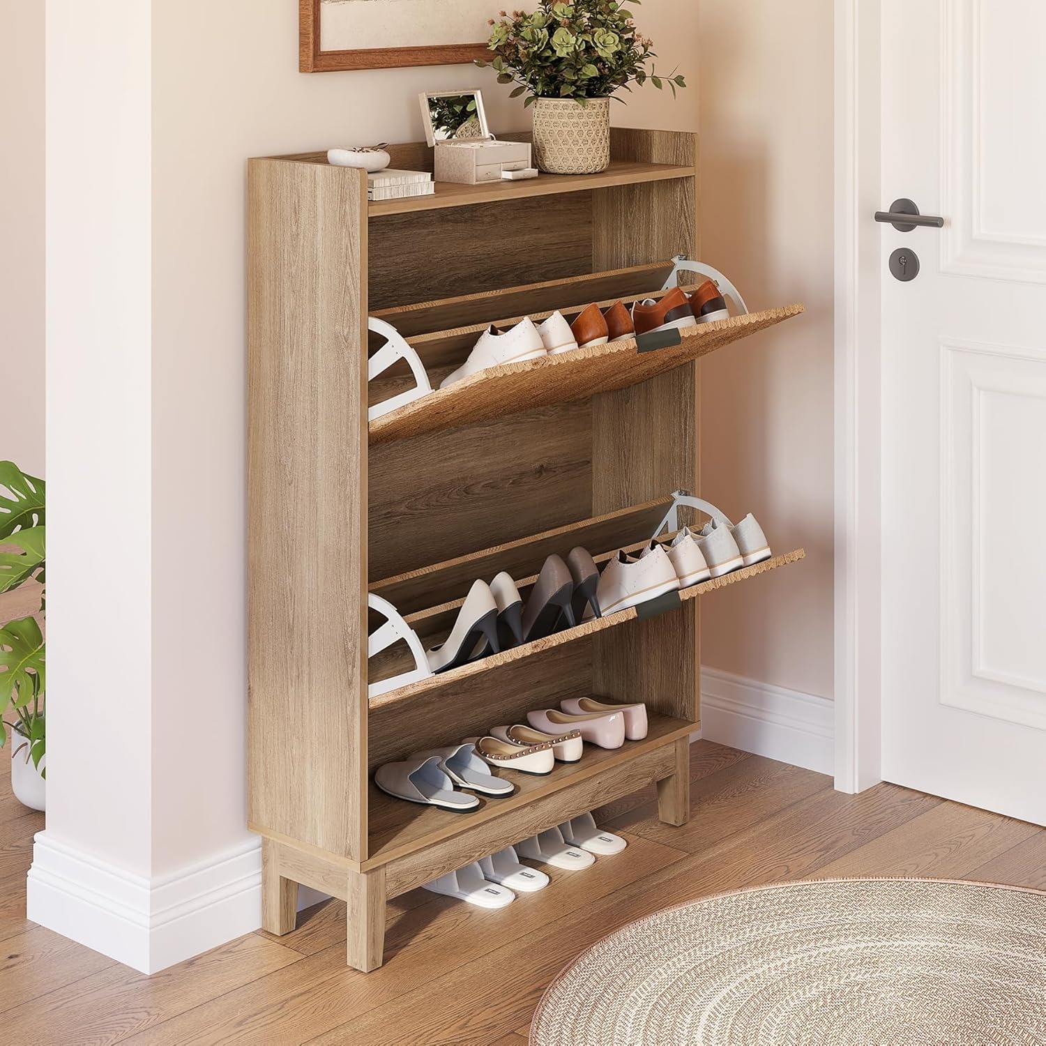 Modern Narrow Shoe Cabinet With 2 Flip-door Drawers & Open Shelf - Wide -standing Storage Unit Suitable For Entryway, Foyer, Hallway - Wood With Panel Doors, Space- Shoe For Small Spaces ()