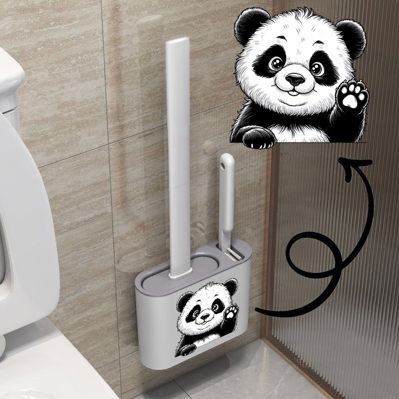 TEMU Wall-mounted 3pcs Toilet Brush Set With Holder, Cartoon Panda Design, Soft Bristles Toilet Bowl Cleaner Brush And Crevice Brush For Deep
