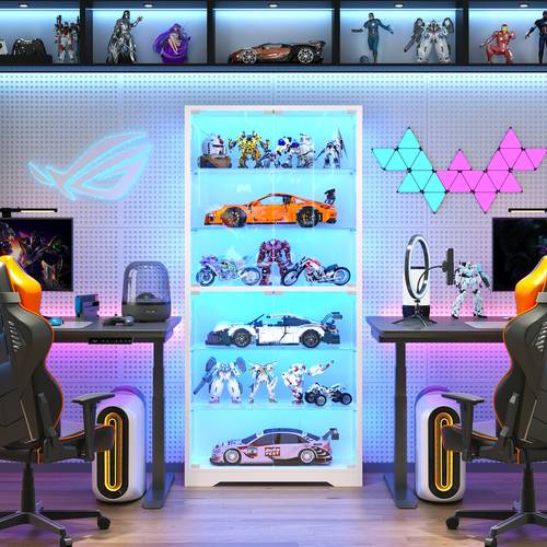 6 tier white glass display cabinet for living room 3 color led light motion sensor large capacity display case for collectibles figurines jewelry home decor
