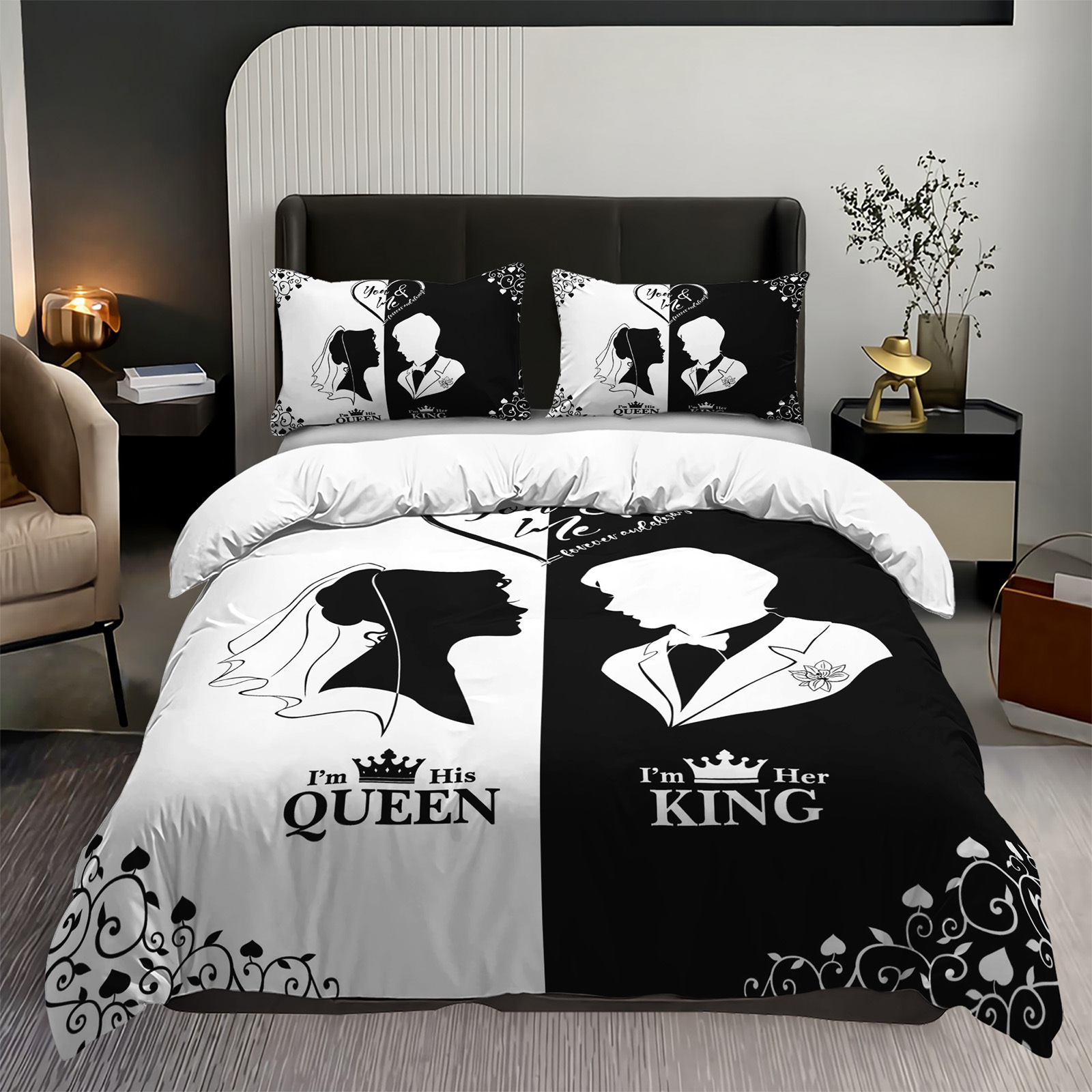 3pcs black white couple silhouette duvet cover king queen bedding set wedding bedroom decor   1duvet cover 2pillowcase no comforter Product details 1