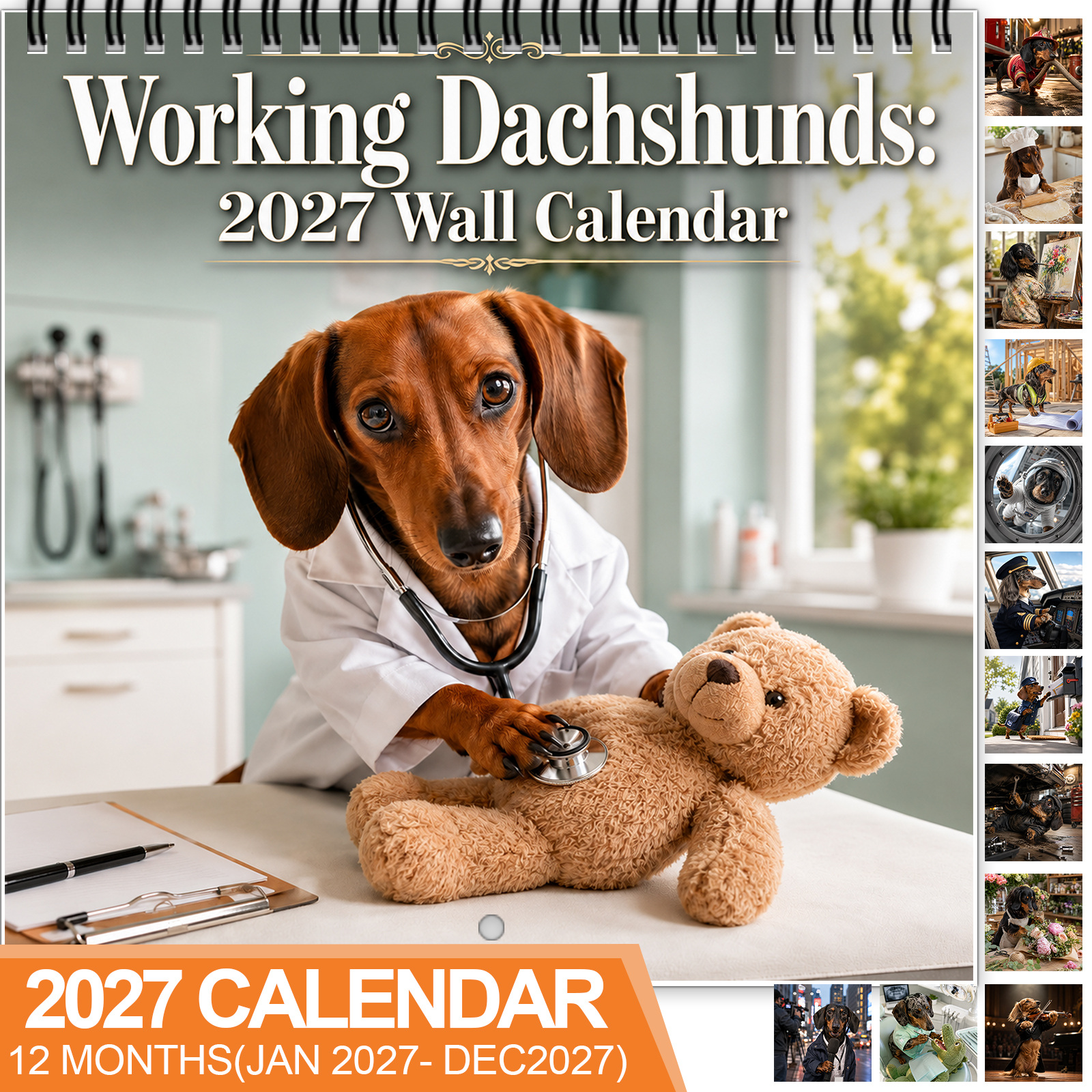 TEMU 1pc 2027 Working Dachshunds Wall Calendar, Spiral-bound 12-month Calendar With Large Date Blocks, Features Funny Doing And Professions In