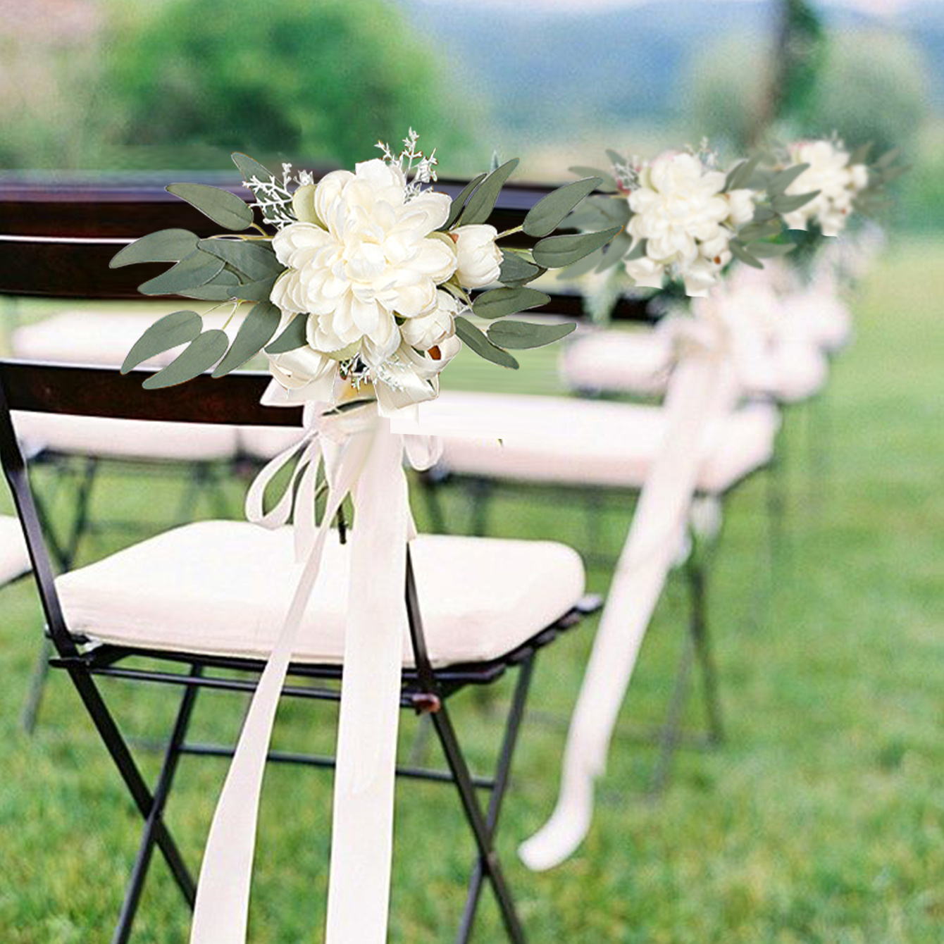 4pcs artificial rose chair back flowers with ribbons realistic white roses greenery durable plastic fabric no electricity needed for weddings garden home decor spring summer valentine s day graduation   decor contemporary style realistic artificial   decor