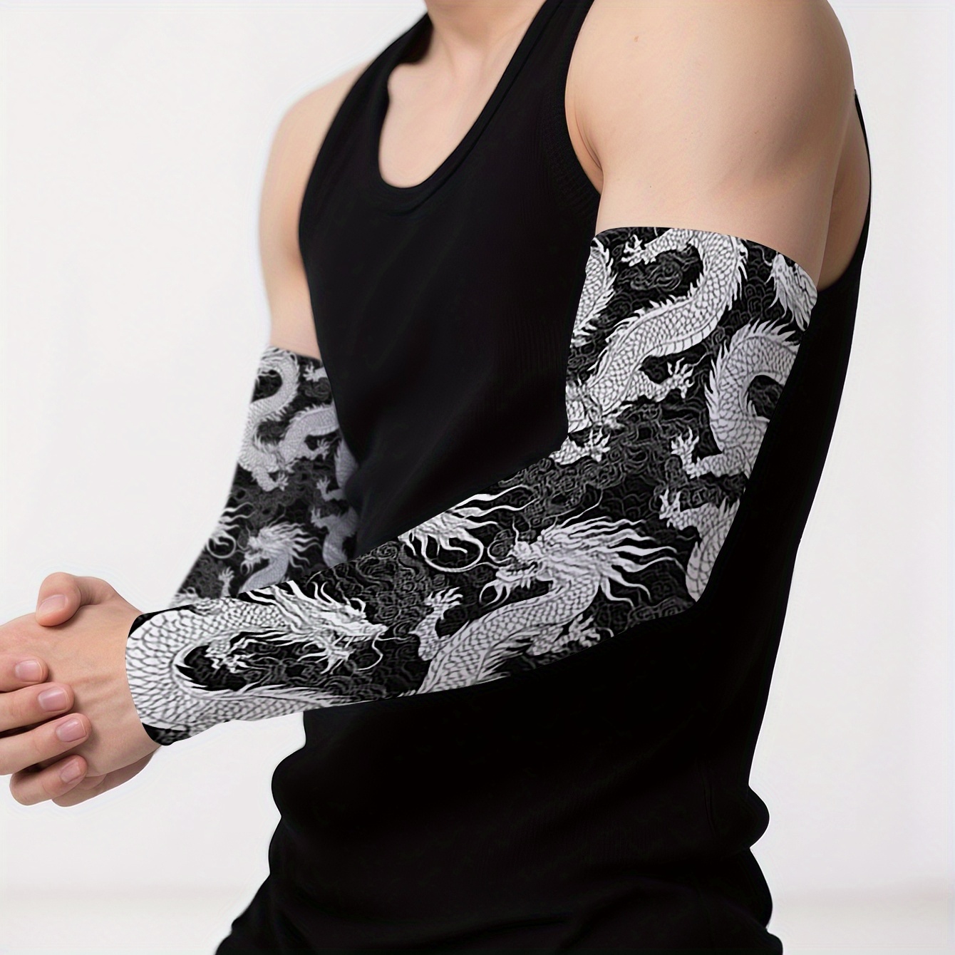1 pair of   and fashionable cooling arm sleeves with a black and white dragon pattern stretchy protective sports arm sleeves essential for summer outdoor cycling and   suitable for daily use and a great gift   for family