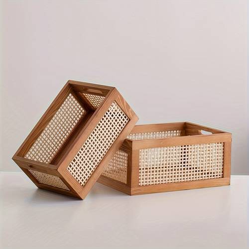 2 sizes vintage wooden storage basket with viewing window hand woven rectangular kitchen bathroom living room and bedroom organizer style multi purpose open perfect housewarming gift basket decoration shelf basket perfect mothers day gift shelf baskets