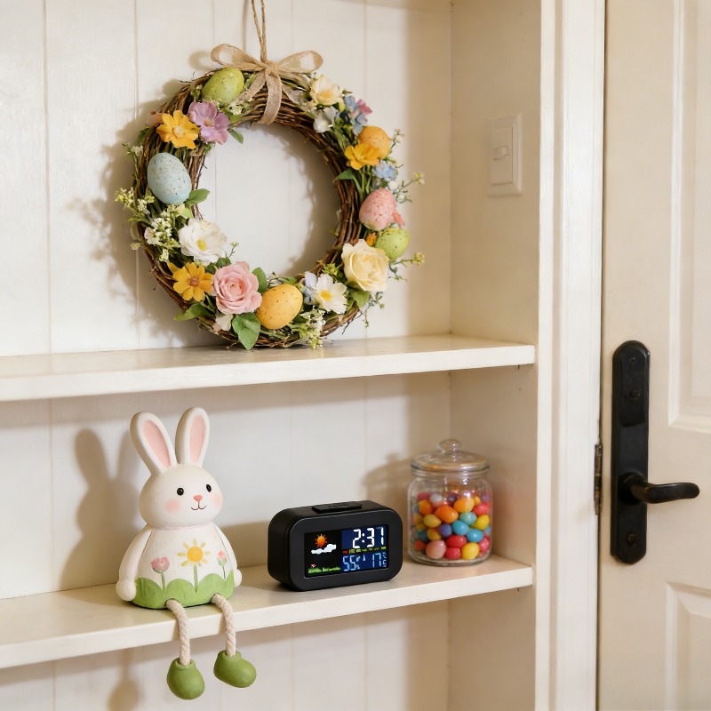 E-shop Farbenfrohe Display-Wetterstation-Uhr, M2 Dualfunktion (-Temperatur- & Feuchtigkeitsüberwachung und Alarm), mit hintergrundbeleuchtetem großem
