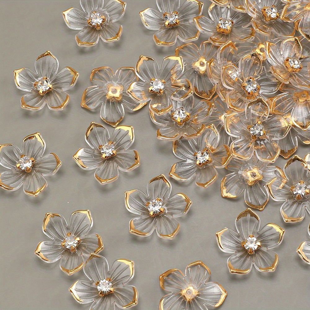 E-shop 20 transparente Blumenflicken mit goldenen Rändern, Größe 23 mm, elegante Acrylflicken für Haarspangen, Scrapbooking, Basteln, Kleidung, Schuhe