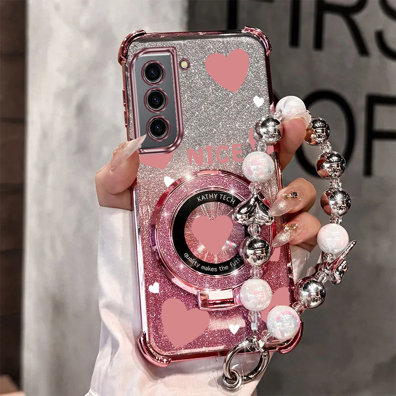 TEMU Étui téléphone : Dragonne perle magnétique pailletée luxe cœur support téléphone pour Galaxy S21 Fe GalaxyS21Fe 5G - -chute support arrière