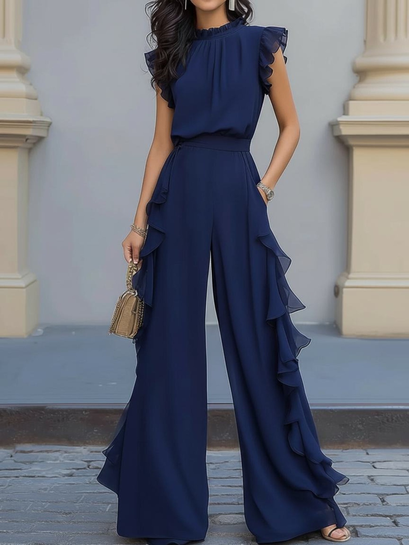 2pcs Women'S Spring And Summer Navy * Sleeveless Top And High-Waisted  Wide-Leg Pants Set