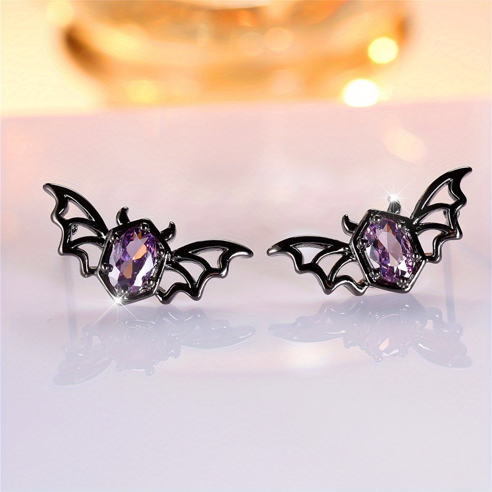 Image of 1 Pair Black Wing Stud Earrings With Oval Cut Purple Amethyst Gemstones - Sparkling Halloween Jewelry For Costume Parties, Pretend Play & Everyday Gothic Accessories
