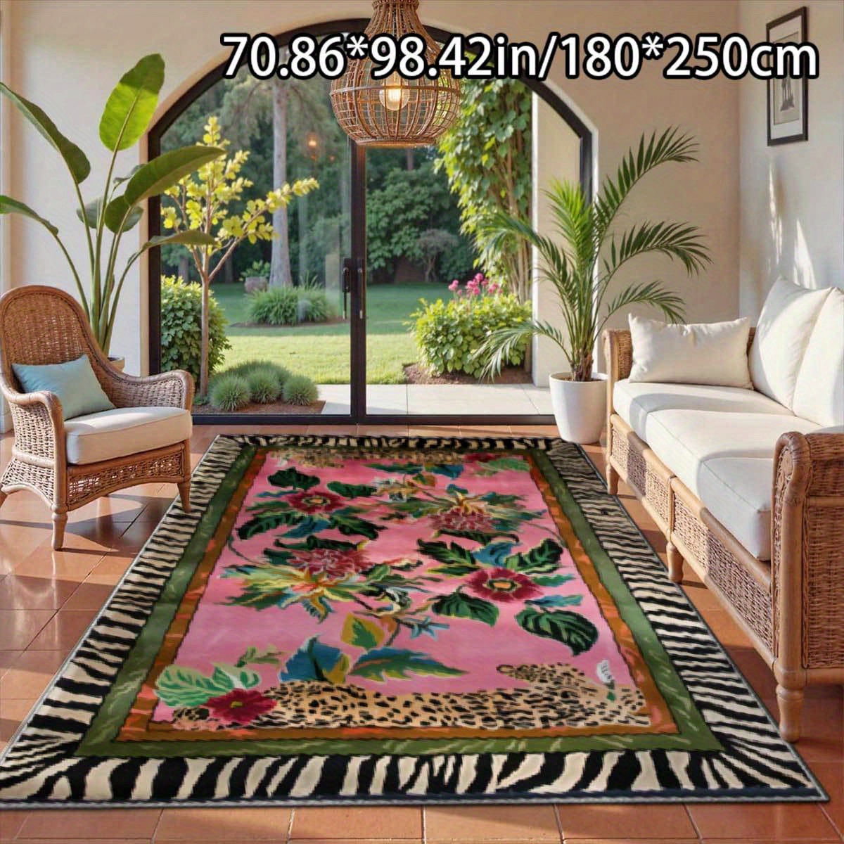 TEMU 1 Velvet Floral Area Rug - Vibrant Pink, Green, And Blue With Print Border, Soft And Skin-friendly, Comfortable To The Touch. Machine-washable
