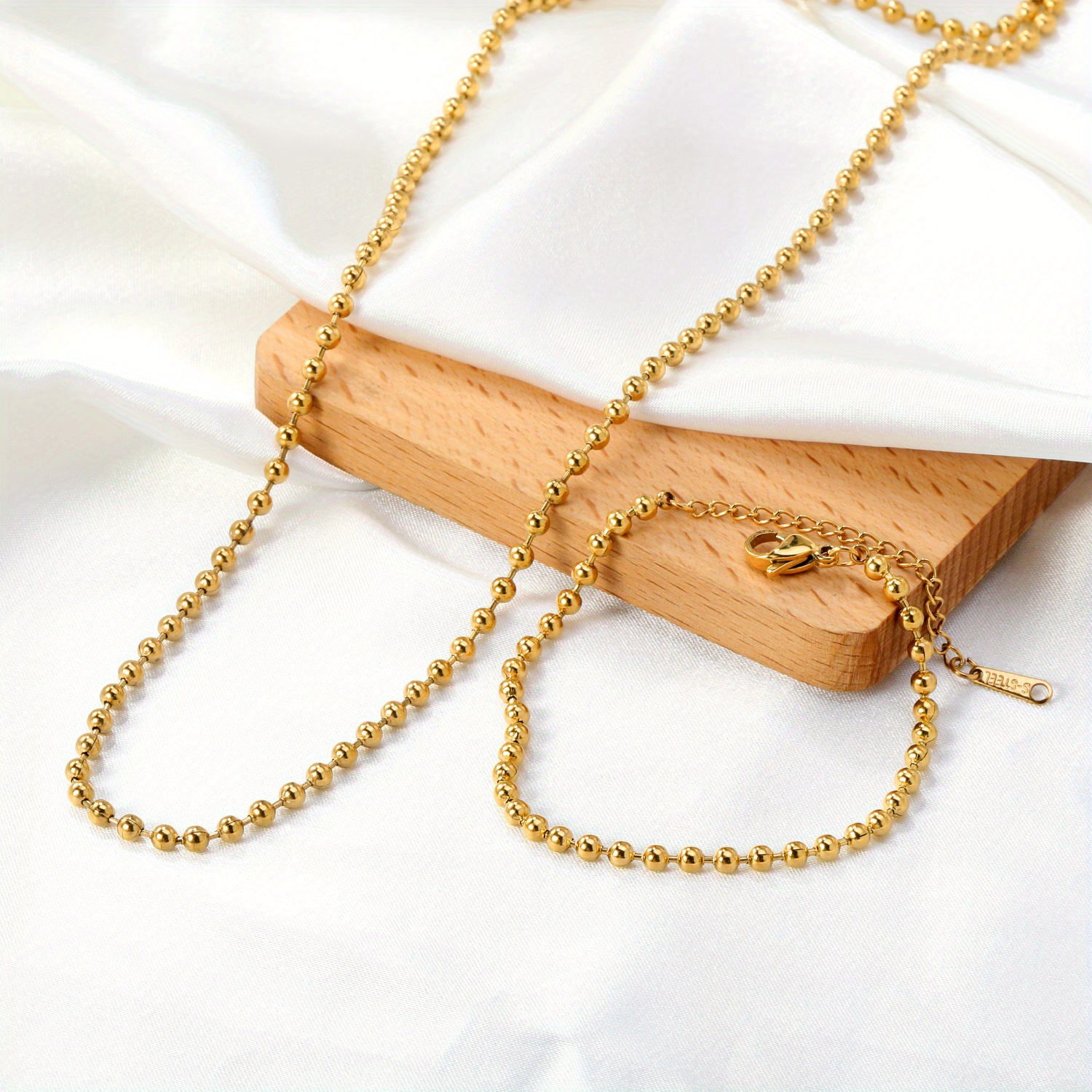 TEMU 2pcs Women's Glossy Bead Jewelry Set, 18k Golden Plated Stainless Steel Bead Chain Necklace And Bracelet, Waterproof Non-fading Hypoallergenic