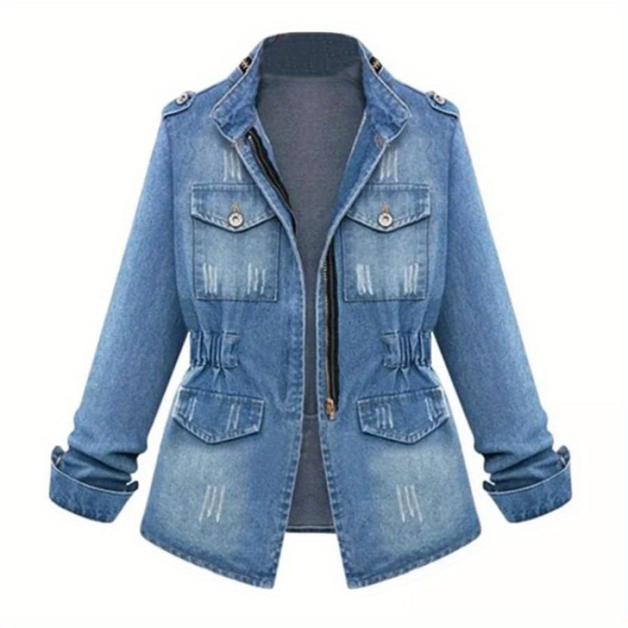 

Women's Plus Size Denim Jacket, Ripped Zip-up Long Sleeve Jean Top With Pockets, Casual Outerwear