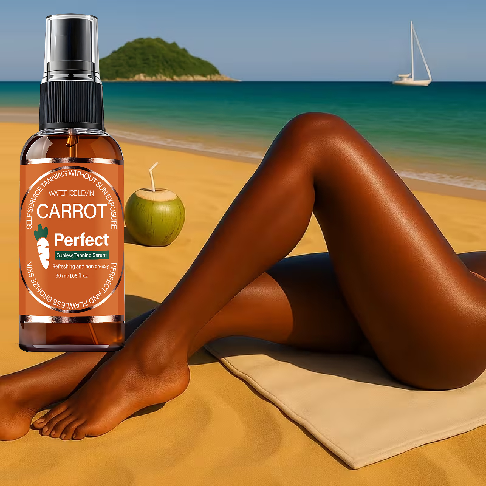   carrot   tanning essence   tanning enhancer   and non greasy perfect flawless bronze skin suitable for body and hands and feet