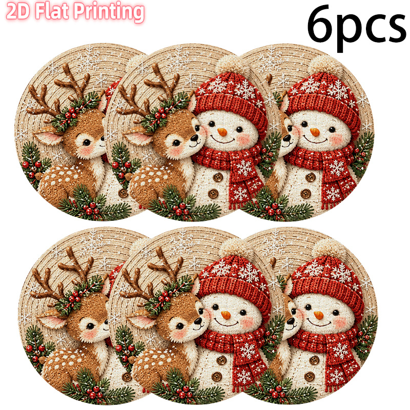 TEMU Lot de 4 ou 6 sets de table ronds hivernaux cerf et de neige - Convient pour les décorations de table de Noël, tissu imprimé cerf et de neige