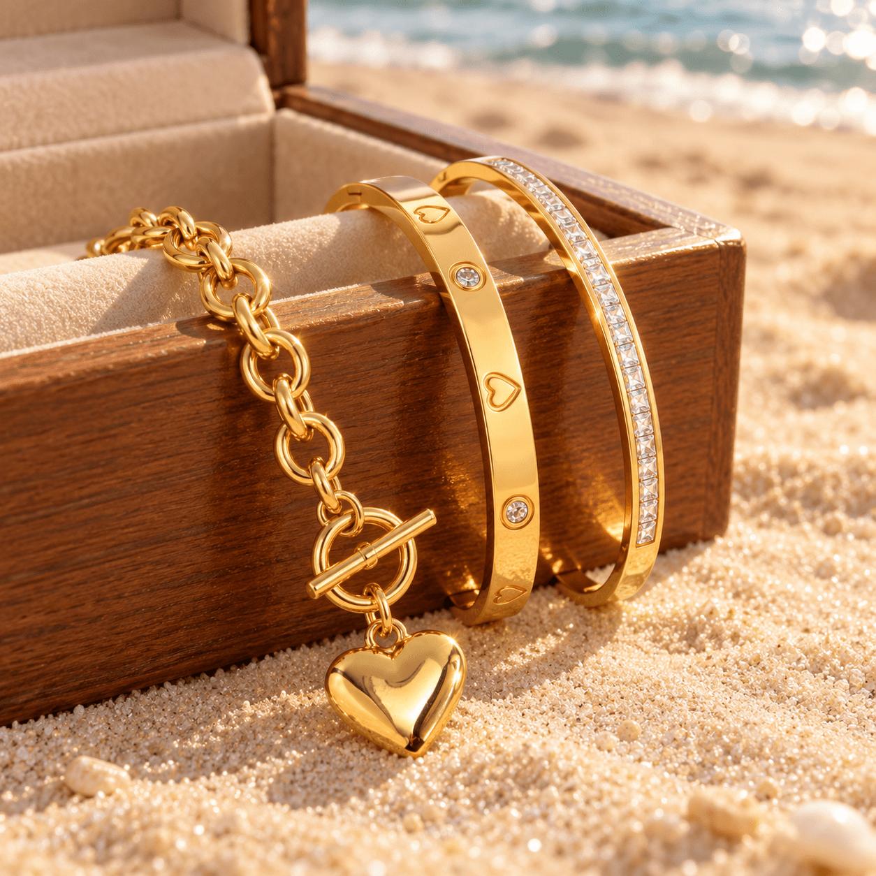 3pc Women's Chunky Chain Stackable Jewelry Set with Zirconia