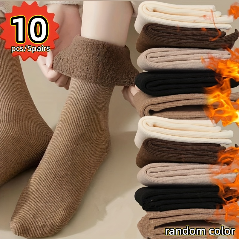 TEMU 10pcs/5 Pairs Random Colors Women's Warm Winter Socks Cold Thick Fleece Socks Suitable For Riding, Fishing, Hiking, Outdoor Leisure, Indoor