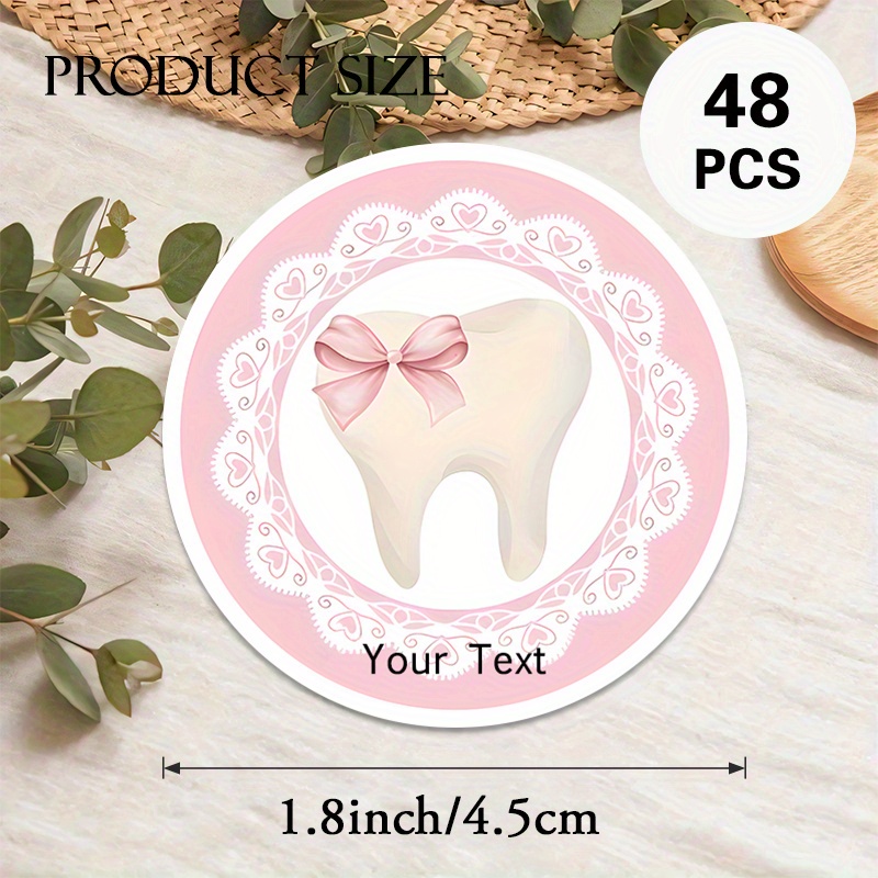 TEMU 48/96pcs Ized Dental Tooth Stickers With Pink Bow & Lace - Custom Text/logo For Tooth Charts, Dental Promotions, Oral Care Gifts - Bulk Adhesive