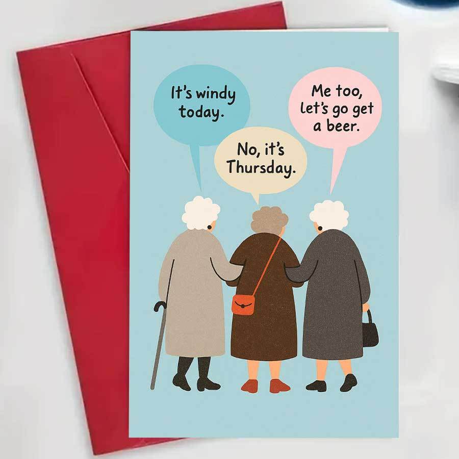 E-shop Eine humorvolle Grußkarte mit drei älteren Frauen im Gespräch, ideal zum Verschenken an Freunde und Familie zu Geburtstagen oder einfach, um