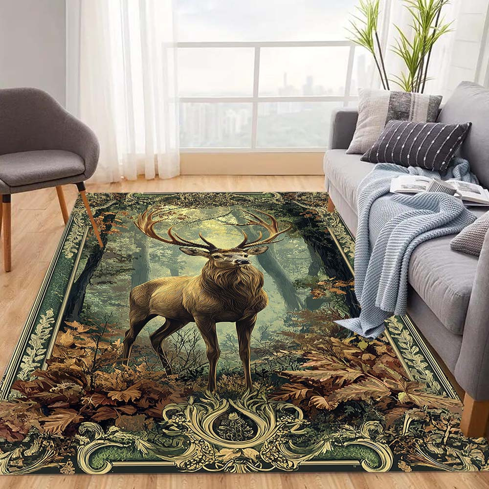 TEMU Luxurious Mat - 800g/mÂ², 0.45cm Thick, Hand Washable Floor Mat With Stag Forest Design, Perfect For Living Room, Bedroom, Or Game Area Decor,