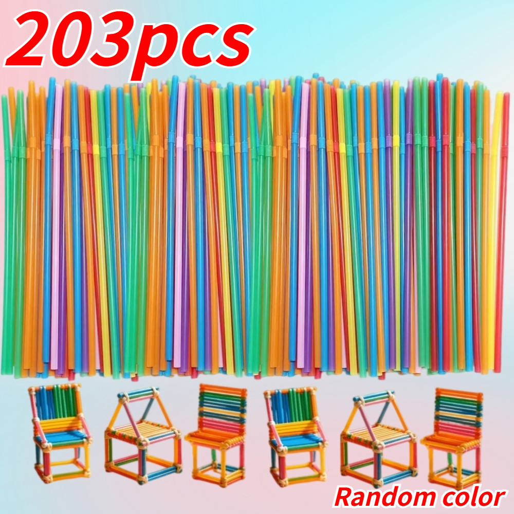 TEMU 203pcs Random Colors - Flexible Plastic Craft Straws - Multicolor Striped Straws, Suitable For Weaving, , Wreaths, And Sculpture Projects,