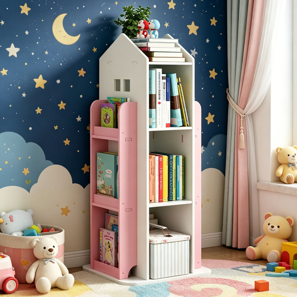 4-Tier Rotating Bookshelf, 360° Display Book Shelf, Floor Standing Bookcase, Children's Bookshelves for Bedroom, Living Room, Study Room ( WHITE Color)
