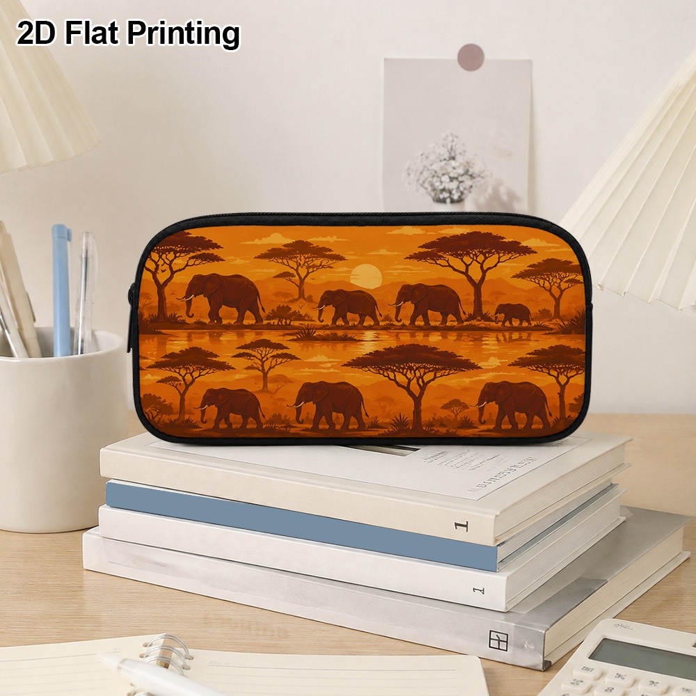 1pc african   sunset elephants pencil case suitable for   travel compact portable zipper organizer with   african themed durable fabric cover smooth zipper closure for 2d flat