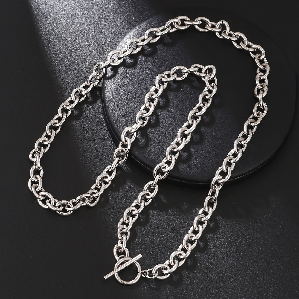 Image of Unisex Hip-hop Steel Gradient Chain Necklace Set - Minimalist Street Style Collarbone Chain With Ot Clasp - Pendant-free Couple's Fashion Sweater Chain