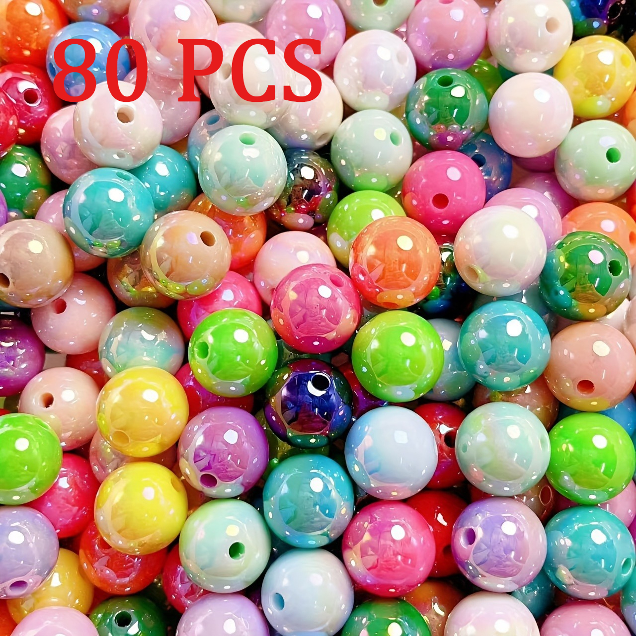 TEMU 80pcs Of 14mm Ab Color Straight Hole Round Beads, Handmade Material Semi-finished Additions, Large String Beads Loose Beads Acrylic Beads,