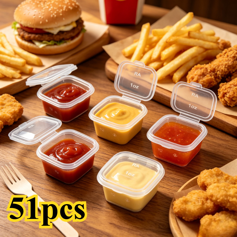 TEMU 51-pack Square Reusable Food-grade 1oz Sauce Containers With Lids, Leak-proof Condiment Cups For Outdoor Camping, Easy To Carry, Suitable For