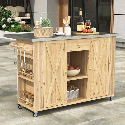 outdoor kitchen island with stainless steel top fir wood construction space built in spice rack towel holder bottle opener durable weather resistant design for patio garden backyard garden sturdy wheel support farmhouse kitchen decor