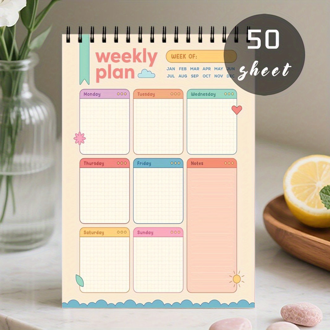 TEMU 1pc Undated Weekly Planner Notebook - Spiral Bound Pocket-sized Daily Organizer With Layouts, Color-coded Calendar Grid, Notes Section, Tabbed