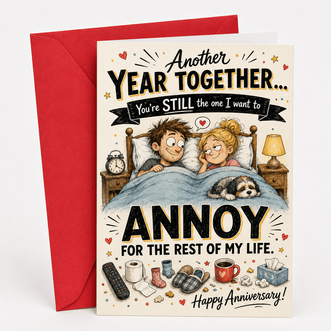 TEMU 1pc Funny Couples Anniversary Card Suitable For Husband Wife Partner - Humorous Bedtime Card With Envelope, Cozy Bed & Dog For Wedding