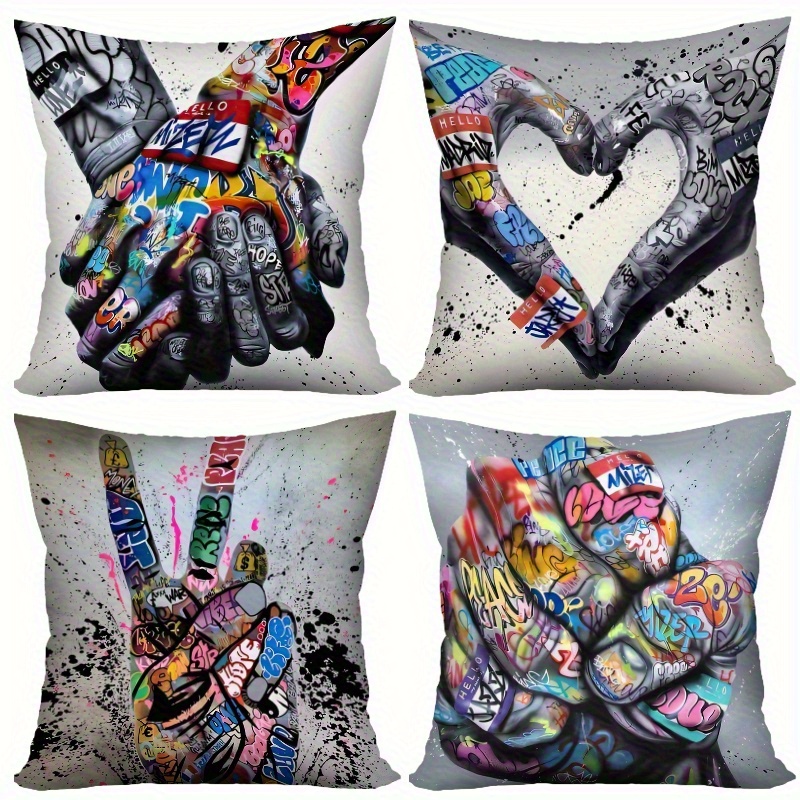 TEMU 4pcs Set, Pillow Covers Featuring Graffiti-inspired Designs With Patterns And Text Elements, Full Of Trendiness And Personality. Used As Lumbar