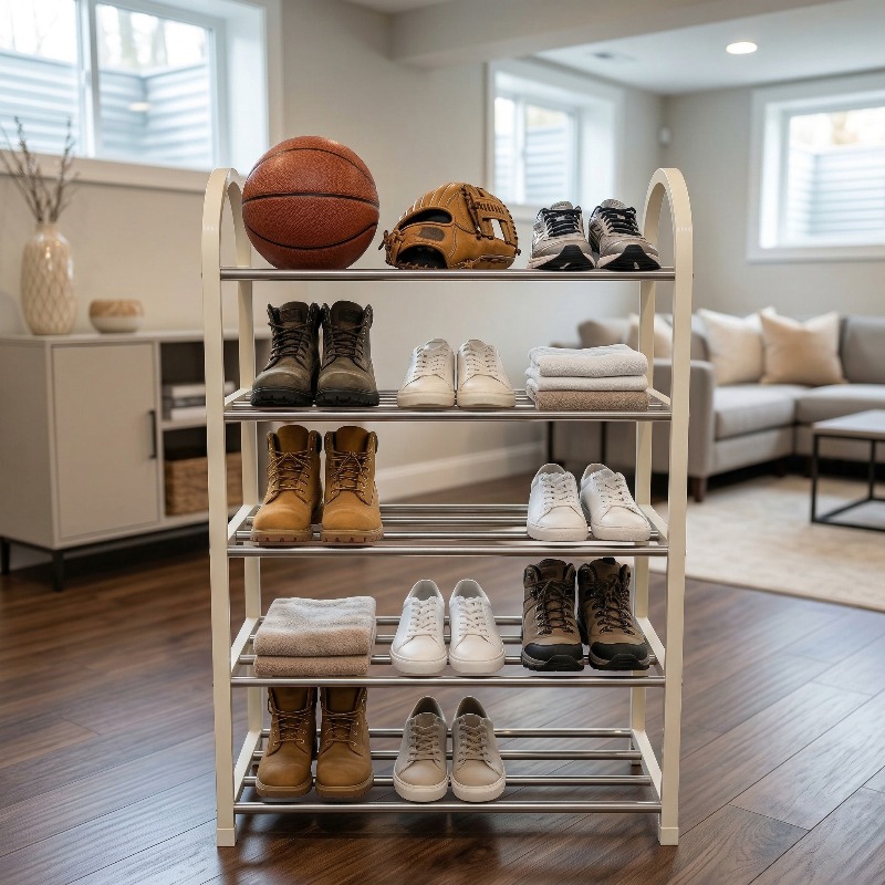 5-Tier Multifunctional Storage Rack, Narrow Bathroom Storage Rack And Shoe Rack, Easy to Install (Tool-Free Quick Assembly), Space-Saving Organizer Rack, Flexible Corner Utilization, 4 Sturdy Metal Tube Shelves Per Tier, Standing Shelf