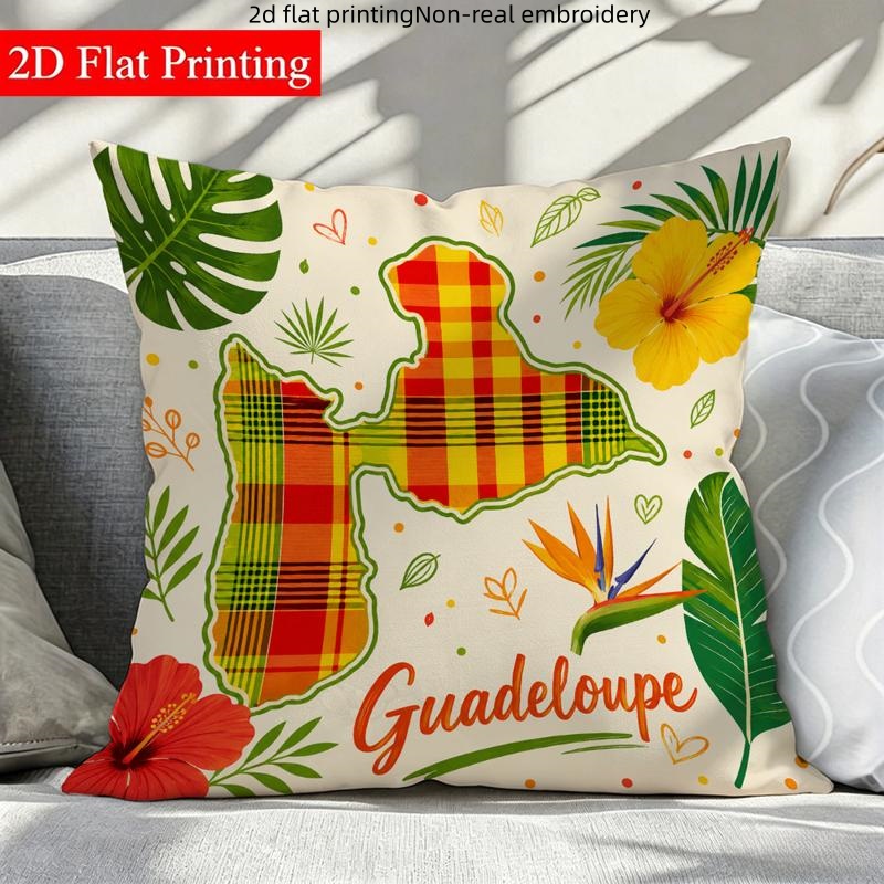 TEMU Taie d'oreiller 2D Plate - Carte de la Guadeloupe 2D 1pc, Style Tropical Floral à Carreaux et , Disponible en Plusieurs Tailles, Impression ,